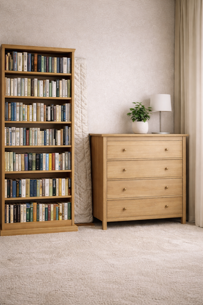 Bookcase and dresser placed against a shared wall to reduce noise in an apartment