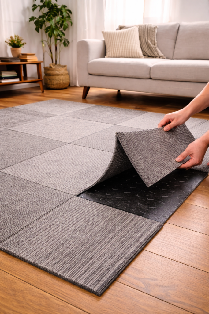 Carpet tiles being installed on a floor as a renter-friendly noise reduction option