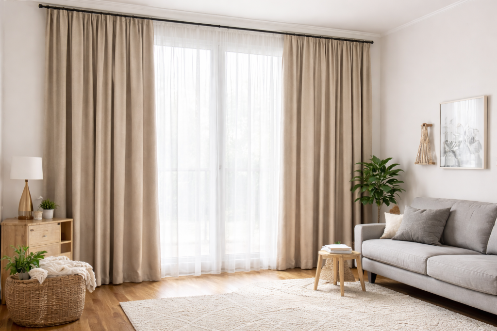 Thick curtains used to reduce noise in an apartment room
