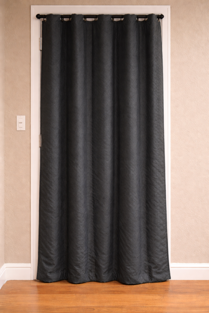 thick curtain hung over door to block noise in apartment