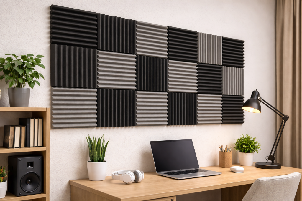 Acoustic foam panels on apartment wall for soundproofing
