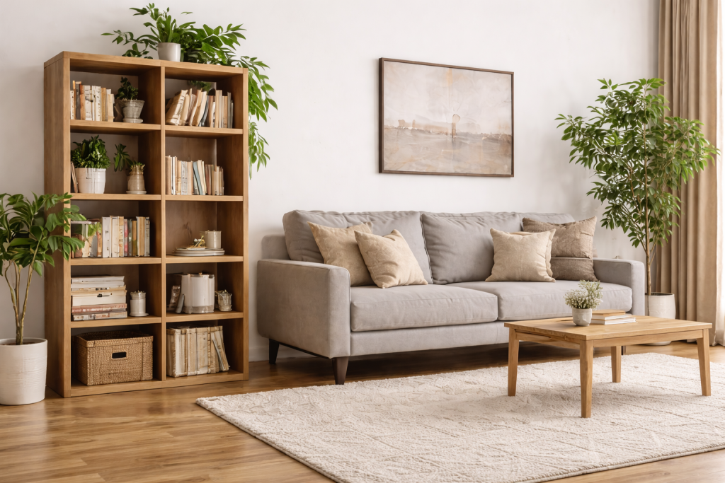 Bookshelf placed against wall to help block noise in apartment
