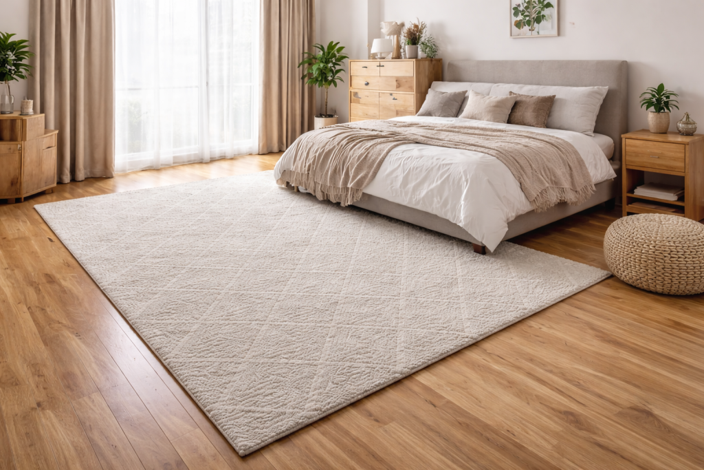 Rug used to reduce noise in an apartment bedroom
